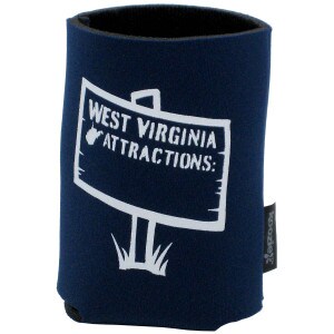 navy Koozie with white West Virginia Attractions: on blank sign